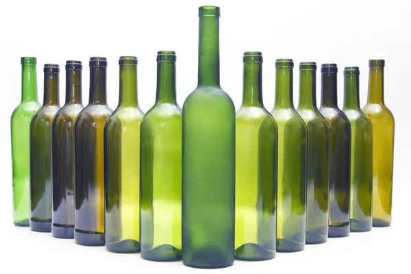 Empty bottles of wine on white background. tableware for drink — Stock Photo, Image