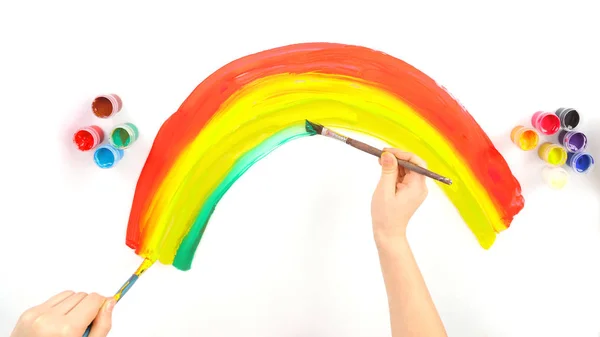 child\'s hand draws a rainbow on a white background