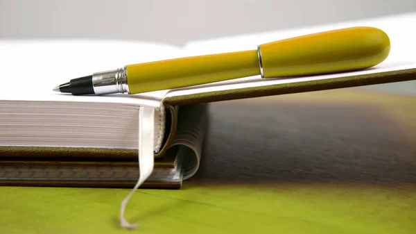 Pluma acostado en un cuaderno abierto. materias para las empresas y la educación — Foto de Stock
