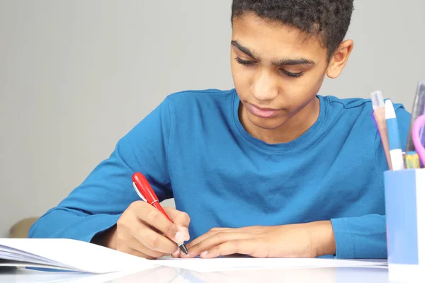 O adolescente fazendo o trabalho escolar para a escola — Fotografia de Stock