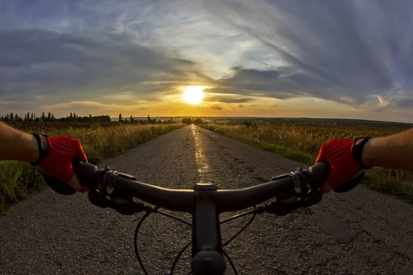 Handen op het stuurwiel rijden een fietser op de weg naar — Stockfoto