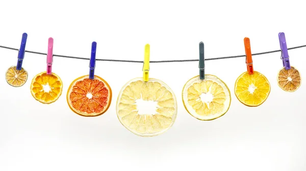 Dried pieces of citrus fruits hang on clothespins on white backg — Stock Photo, Image
