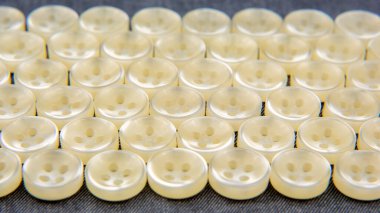 Kumaş arka plandaki kıyafetler için plastik parlak düğmeler. Moda ve giysi. Fabrika endüstrisi