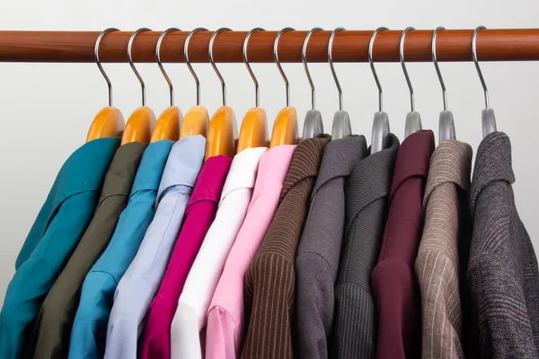 Different Women Office Classic Jackets Shirts Hang Hanger Storing Clothes — Stock Photo, Image