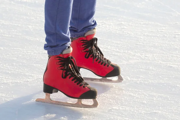 Voeten Rode Schaatsen Een Ijsbaan Hobby Vrije Tijd Wintersport — Stockfoto