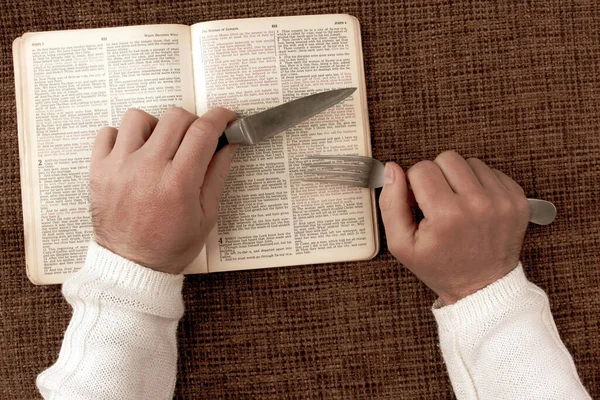 Abrir Biblia Comida Bebida Espiritual Entender Estudio Bíblico Como Alimento — Foto de Stock
