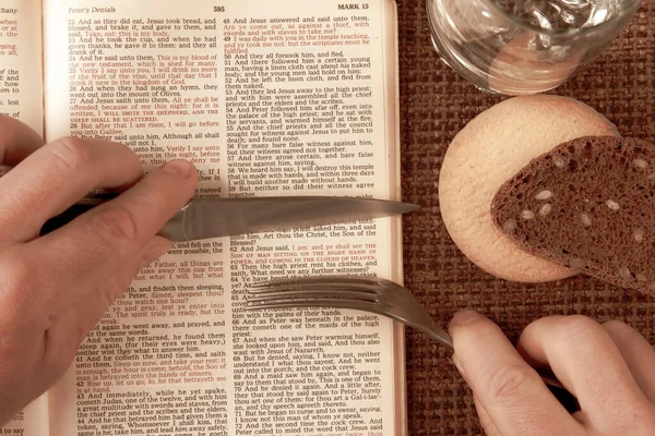 Abrir Biblia Comida Bebida Espiritual Comprensión Del Estudio Biblia Como — Foto de Stock