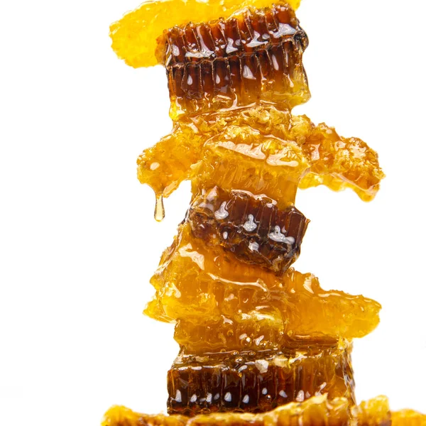 Краплі Свіжого Меду Викидаються Піраміди Воскового Меду Вітамінне Харчування Продукти — стокове фото