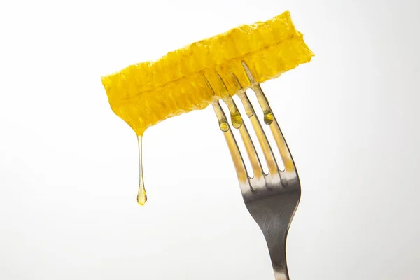 Drops Fresh Honey Drip Wax Honey Table Fork Vitamin Nutrition — Stock Photo, Image