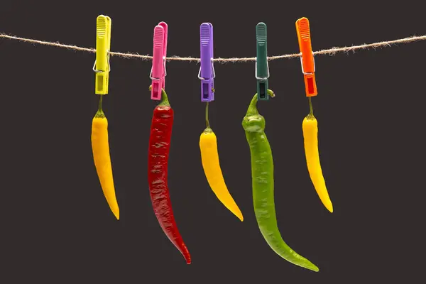 Paprika Aan Wasknijpers Plantaardig Vitaminevoedsel Gekleurde Hete Chili — Stockfoto