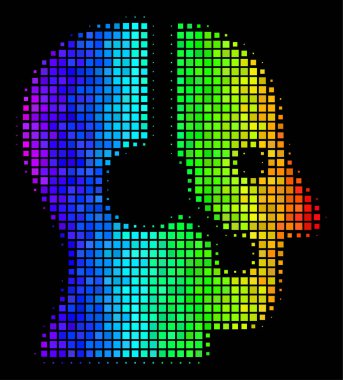 Noktalı etkileyici yarı ton işleç simgesini spektral renk değişimleri ile yatay bir gradyan ile bir siyah arka plan üzerine çizilmiş. Kare parçacıkların tasarlanmış operatör piktogram renkli vektör kolaj.