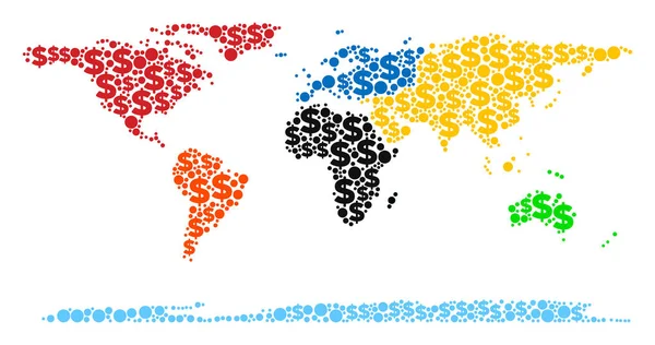 Mappa del Mondo Continente PIL Mosaico di Dollaro e Punti — Vettoriale Stock