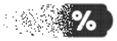 Kırık indirim kupon nokta vektör simge disintegration etkisi ile. Dikdörtgen parçacıklar indirim kupon formu eriterek içine gruplandırılmıştır.