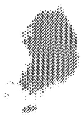 Futbol topu Güney Kore Haritası. Vektör bölge planı gri renkte. Soyut Güney Kore harita kompozisyon futbol topları düzenlenmiştir. Mozaik Desen hex-kiremit ızgara üzerinde dayanır.