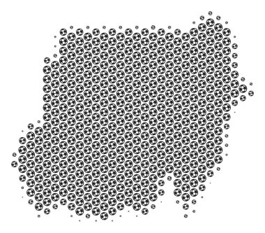 Futbol topu Sudan Haritası. Vektör coğrafi gri renk düzeninde. Soyut Sudan harita mozaik futbol topları ile oluşur. Mozaik Desen altıgen matris üzerinde dayanır.
