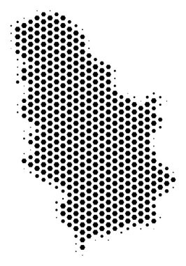 Altıgen Sırbistan harita. Beyaz bir arka plan üzerinde vektör yarı ton toprak planı. Soyut Sırbistan harita kompozisyon altıgen piksellerinin oluşmaktadır.