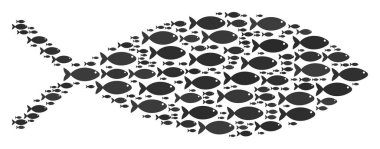 Balık farklı boyutlarda rastgele balık öğelerinden oluşan kompozisyon vektör. Balık simgeler soyut balık representaion birleştirilir.