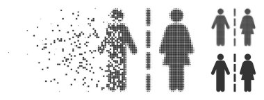 Boşanma çizgi noktalı simgesi disintegration etkisi ile dağıldı. Yarı ton pixelated ve hasarsız tüm gri sürümleri. Nokta dikdörtgen şekli var. Hücreleri yok olan boşanma satırı formuna oluşur.