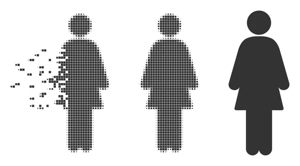 Ícone de meio-tom de pixel disperso feminino — Vetor de Stock