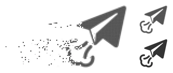 Zersetztes Pixel-Halbton-Papier-Flugzeug-Start-Symbol — Stockvektor