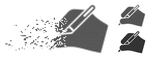 Pixel dañado Icono de mano de firma de medio tono — Vector de stock