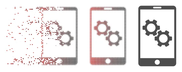 Destructed Pixel Halftone Smartphone Opciones de engranaje icono — Vector de stock