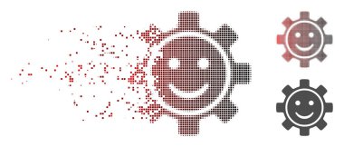 Vektör dişli bir gülümseme simgesini kırmızı siyah Yatay Gradyan ve hasarsız tüm türevleri ile kırık, pixelated yarı ton. Kare scintillas dağılma efekti kullanan.