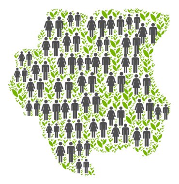 Nüfus ve yeşil bitkiler Surinam Haritası insanlar. Randomize aile ve bitki elemanları çeşitli boyutlarda vektör kolaj Surinam Haritası oluşan.