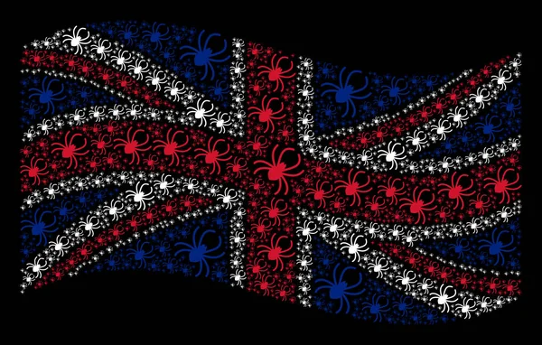 Ondeando bandera del Reino Unido Collage of Spider Artículos — Vector de stock