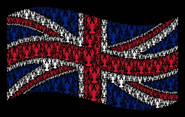 Vifta med brittiska flaggan Collage av hummer objekt — Stock vektor