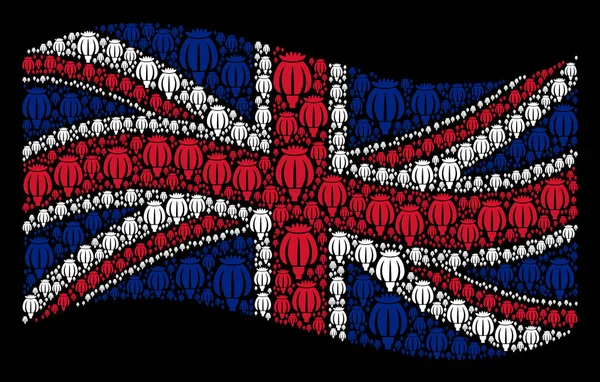 Κουνώντας μεγάλη Βρετανία σημαία μωσαϊκό της παπαρούνας οπίου εικονίδια — Διανυσματικό Αρχείο