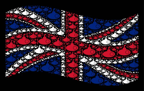 Ondeando la bandera británica mosaico de submarinos Tour iconos — Archivo Imágenes Vectoriales