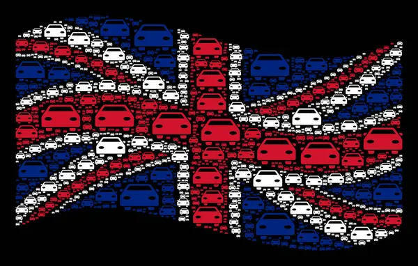 Ondeando bandera del Reino Unido Collage de iconos de coches — Vector de stock
