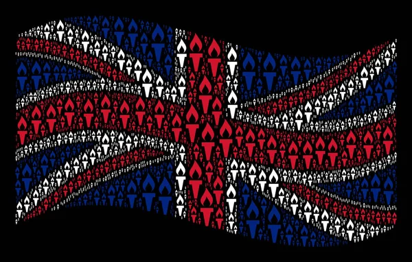 Ondeando bandera de Gran Bretaña collage de fuego antorcha artículos — Vector de stock