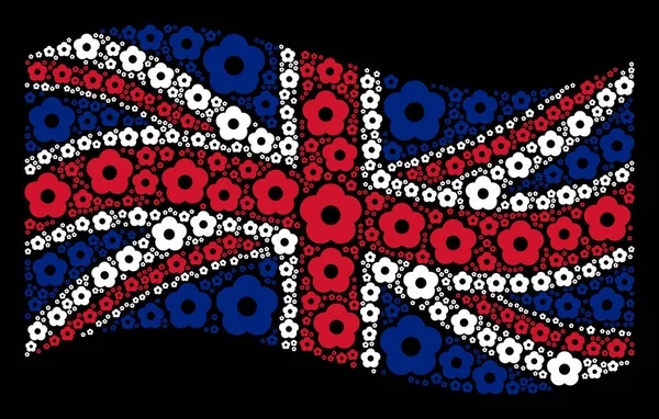 Σημαία Κυματίζει Μεγάλης Βρετανίας Πάνω Μαύρο Φόντο Εικονογράμματα Λουλουδιών Διάνυσμα — Διανυσματικό Αρχείο