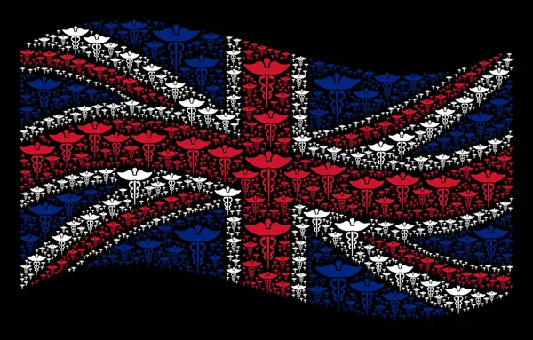 Sventolando Gran Bretagna Bandiera Mosaico di Medicina Caduceo Simbolo Articoli — Vettoriale Stock