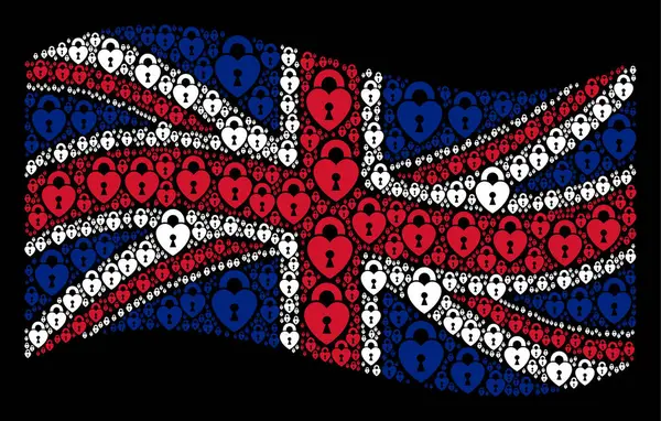 Schwenken britische Flagge Collage von Herz-Schloss-Ikonen — Stockvektor