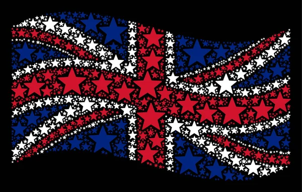 Κυματίζει σημαία Ηνωμένου Βασιλείου μωσαϊκό αντικείμενα αστέρων πυροτεχνήματα — Διανυσματικό Αρχείο