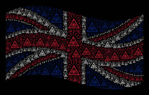 Ondeando la bandera del Reino Unido mosaico de control total de los iconos de la pirámide ocular — Vector de stock