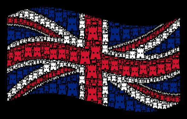 Agitant le drapeau du Royaume-Uni Collage d'objets de la tour de forteresse — Image vectorielle
