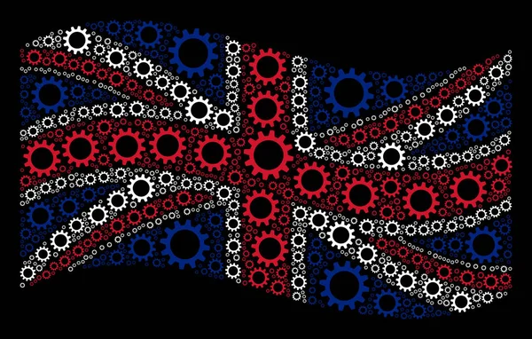 Κουνώντας μεγάλη Βρετανία σημαία κολάζ Cogwheel εικονιδίων — Διανυσματικό Αρχείο