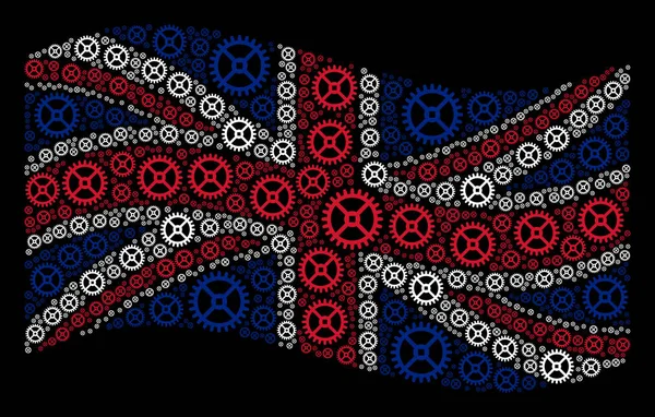 Waving United Kingdom Flag Pattern of Clock Gear Items — Stock Vector