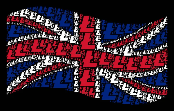 Sventolando bandiera britannica collage di oggetti litecoin — Vettoriale Stock