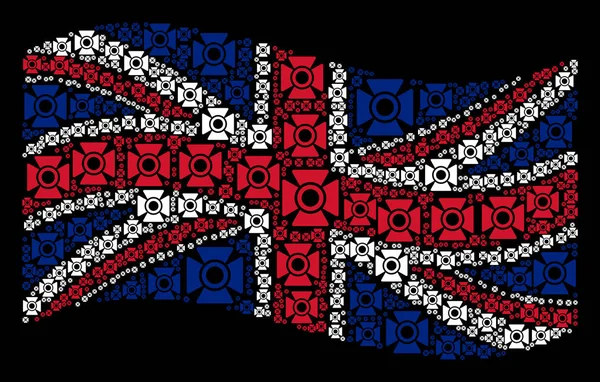 서치 아이콘의 영국 국기 콜라주를 흔들며 — 스톡 벡터