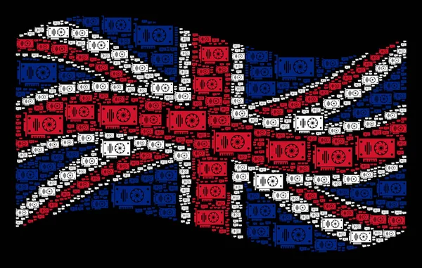 Waving British Flag Pattern of Video GPU Card Items — Stock Vector