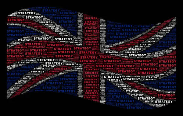 Κουνώντας μεγάλη Βρετανία σημαία κολάζ από στρατηγική στοιχεία κειμένου — Διανυσματικό Αρχείο