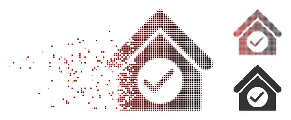 Desintegración Pixel Halftone Check Building Icon — Vector de stock