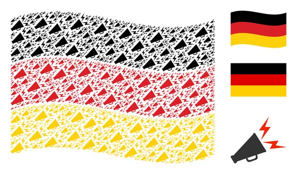 Waving Germany Flag Mosaic of Alert Megaphone Items — Stock Vector