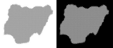 Noktalı resim piksel Nijerya harita yuvarlak. Beyaz ve siyah arka plan üzerinde gri ve beyaz renklerde vektör bölge eşleştirir. Nijerya Haritası soyut kolaj daire öğelerden oluşur.