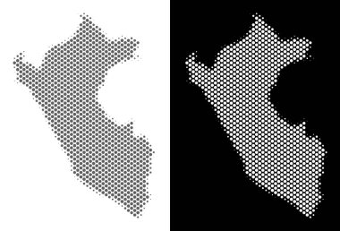 Noktalı resim piksel Peru harita yuvarlak. Beyaz ve siyah arka plan üzerinde gri ve beyaz renklerde vektör Coğrafi haritalar. Soyut kavram daire unsurları tasarlanmış Peru Haritası.